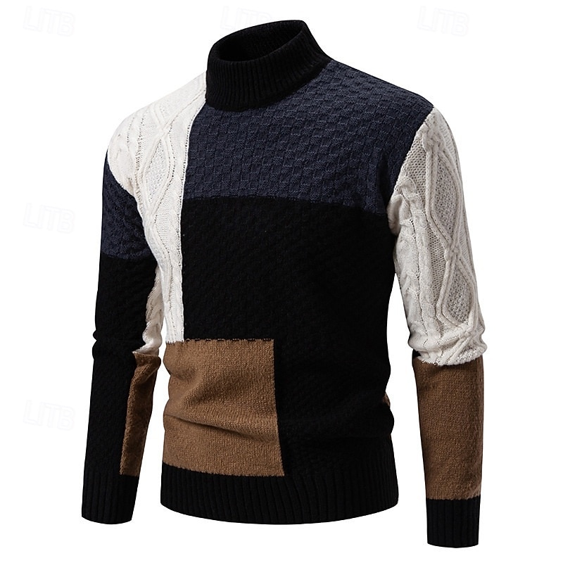 Men's Sweater Pullover Sweater Jumper Ribbed Knit Short Color Block Knitted Plain Turtleneck Knitwear Contemporary Casual Daily Wear Clothing Apparel Fall Winter Black Beige M L XL3