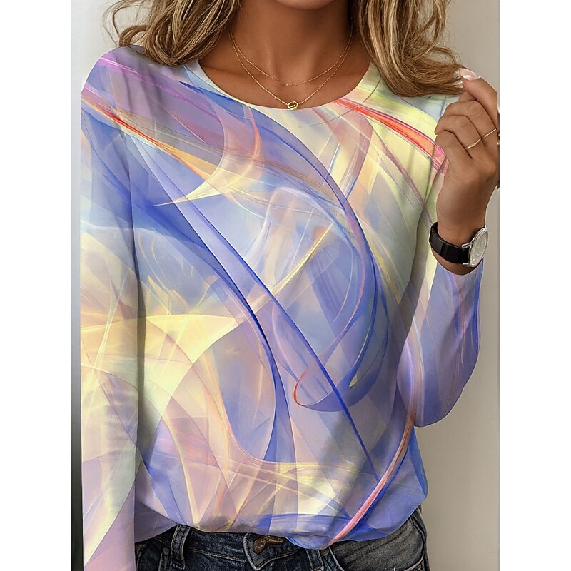 Women's T shirt Crew Neck Long Sleeve Tunic Graphic Geometric Striped Vintage Stylish  Regular Tops Daily Print Purple Orange Green Spring Fall4