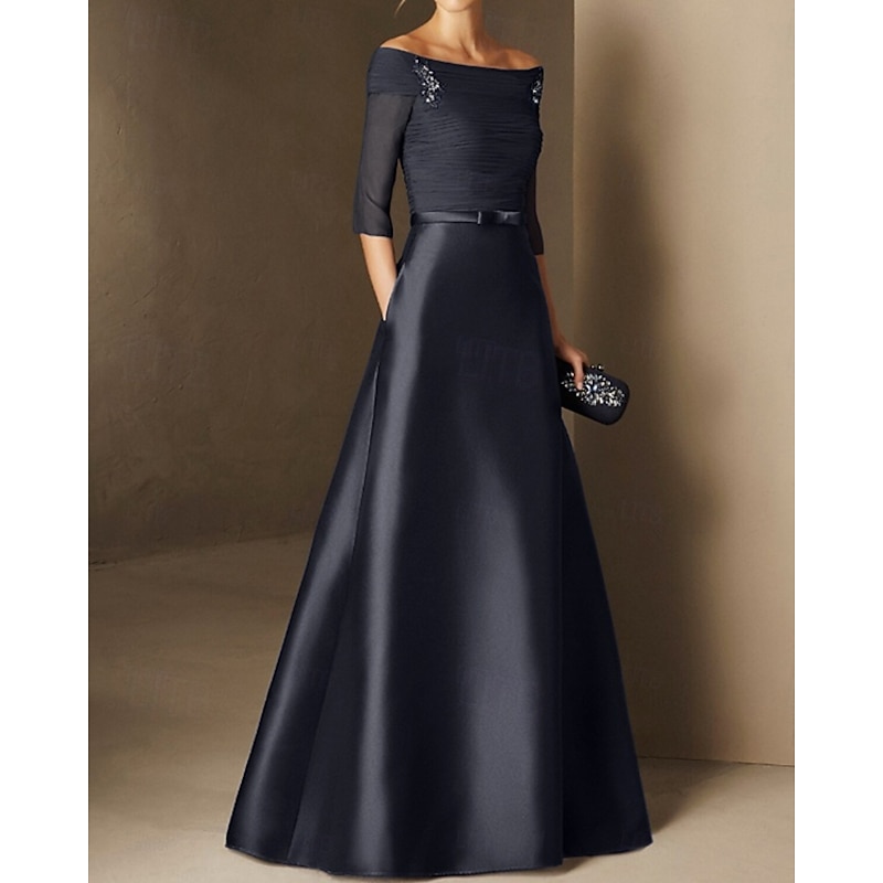 A-Line Mother of the Bride Evening Gown Elegant Dress Engagement Formal Evening Floor Length Half Sleeve Off Shoulder Fall Wedding Guest Chiffon with Ruched4