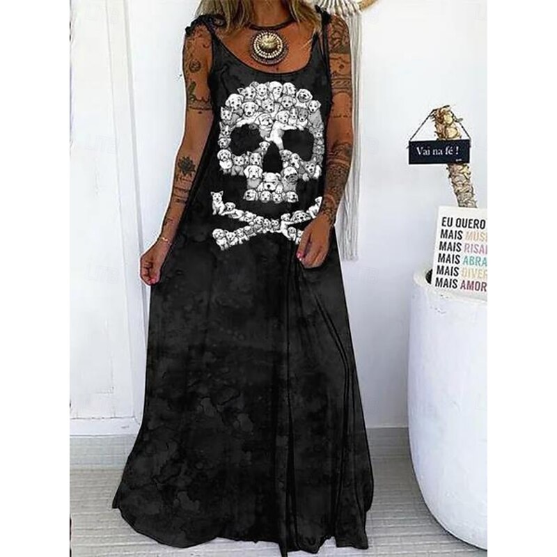 Halloween Women's Skulls Print Maxi Dress Summer Dress Slip Dress Casual Daily Regular Fit Skull Sleeveless U Neck Black White Red Purple Summer