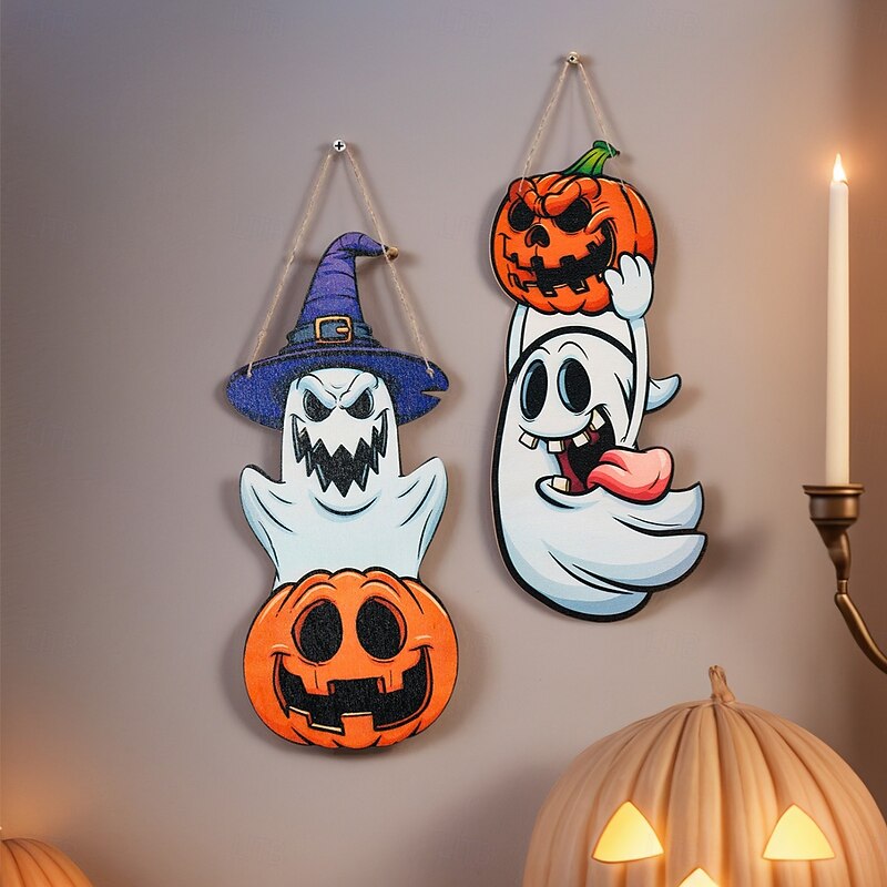 2PCS Halloween Wooden Wall Hangings – Colorful Cartoon Ghost & Pumpkin Decorative Signs, Indoor Party Decorations for Home, Family, and Halloween Themed Wall Display3