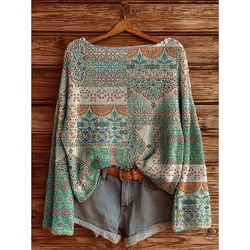 Women's Sweater Casual Soft Floral Vintage Ethnic Long Sleeve Crew Neck Regular Tops Daily Holiday Print Pink Red Green Spring Fall Winter2