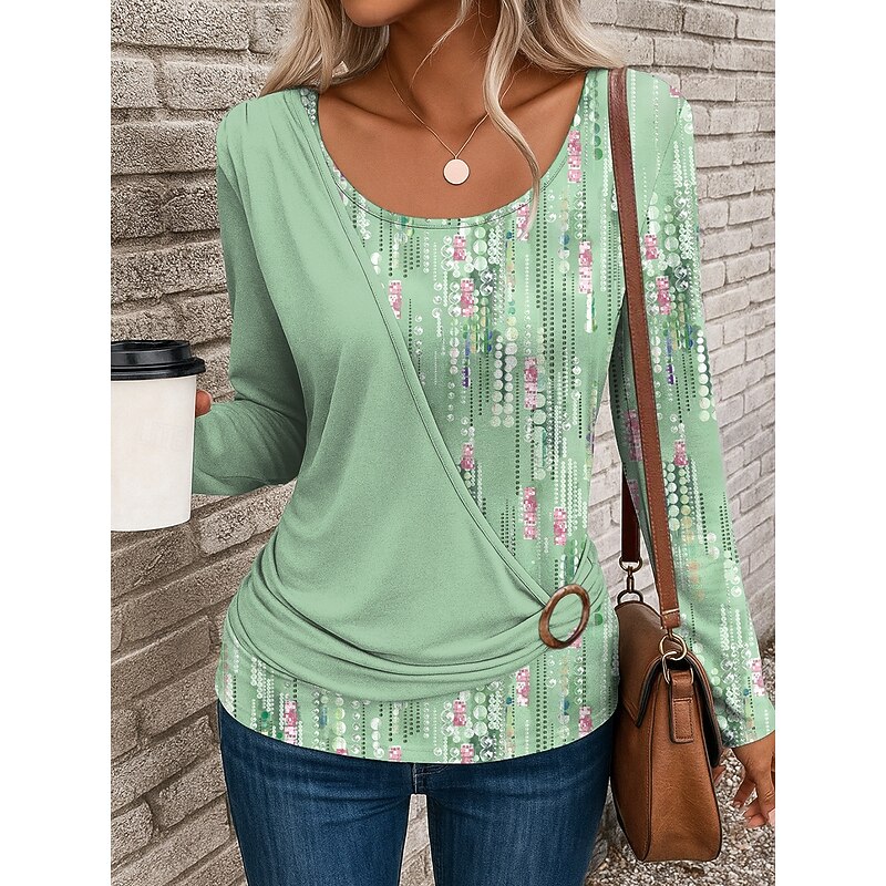 Women's T Shirt Geometric Stylish Casual Long Sleeve Crew Neck Regular Tops Daily Patchwork Print Pink Blue Purple Green Summer Fall Winter