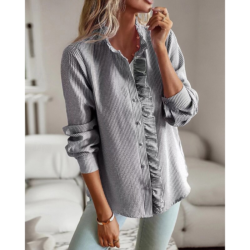 Women's Shirt Blouse Plain Modern Casual Long Sleeve Asymmetrical Regular Tops Daily Holiday Going out Ruffle Buttons Black White Pink Light Blue Fall