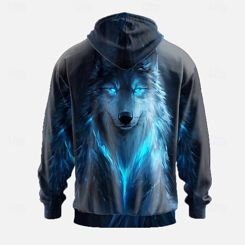 Men's Wolf 3D Print Sweatshirt Cool Party Long Sleeve Crew Neck Club Streetwear Red Blue Drawstring Fall Winter Designer2