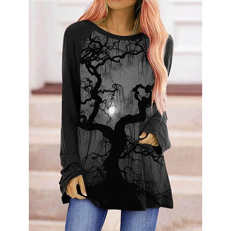 Halloween Women's T shirt Witch Graphic Animal Pumpkin Vintage Stylish Classic Long Sleeve Crew Neck Round Neck Regular Tops Daily Print Black Purple Orange Spring Fall2