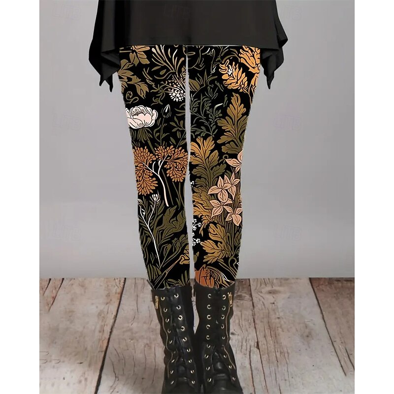 Women's Pants Trousers Leggings Cozy Leggings Streetwear Casual Full Length High Waist Floral Elastic Waist Print Breathability Comfortable Stretchy Vacation Street Daily Wear Orange Spring Fall2