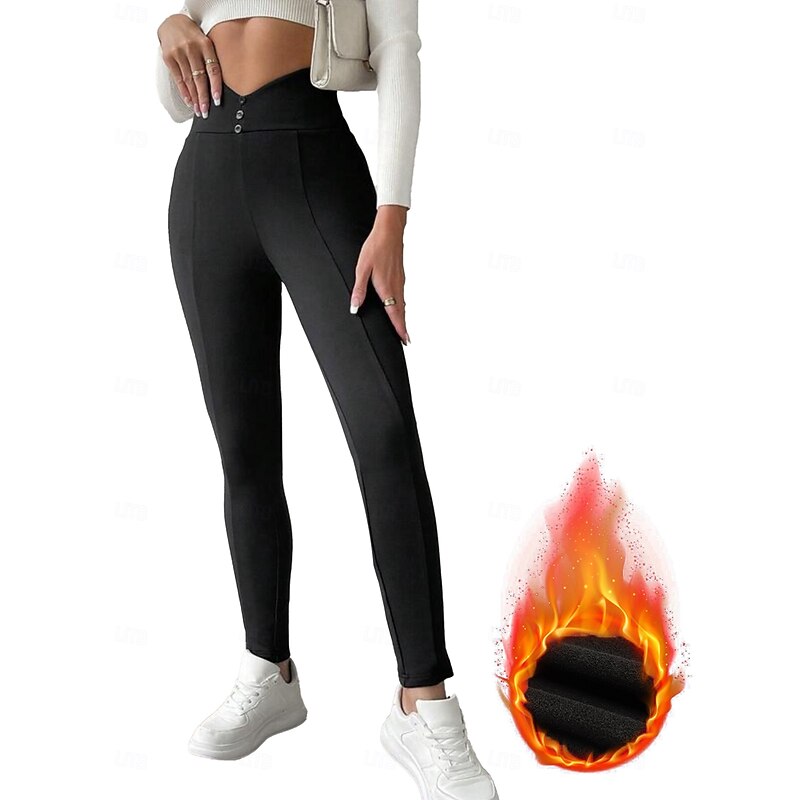 Women's EU / US Size Skinny Cozy Fleece Lined Cozy Leggings Chino Plus velvet Full Length High Waist Plain Buckle Warm Sports Micro-elastic Sports & Outdoor Daily Wear Black 1# Fall Winter Skinny