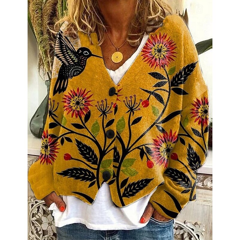 Women's Cardigan Sweater Knitted Ribbed Button Front V NeckLong Sleeve Lightweight Elegant Vacation Vintage Floral Print Regular Tops Knit Home Daily Holiday Blue Orange Fall