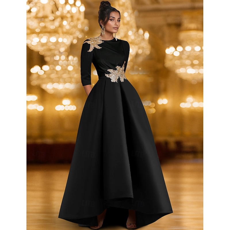 Black Tie A-Line Evening Gown Elegant Dress Formal Wedding Floor Length Long Sleeve Crew Neck Mother Of the Bride Dress Satin with Glitter Pleats 2025