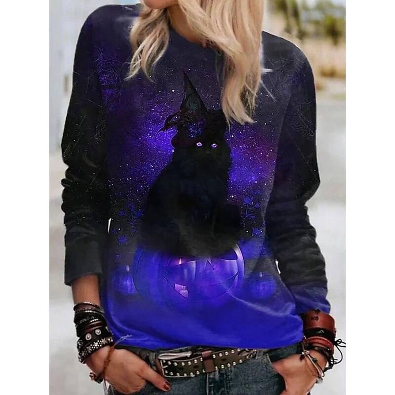 Halloween Women's T shirt Black Cat Graphic Cat Vintage Fashion Stylish Long Sleeve Crew Neck Regular Tops Daily Weekend Print Yellow Red Blue Orange Green Spring Fall Winter4