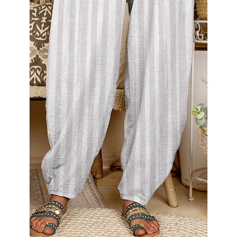 Women's Chinos Pants Trousers Active Fashion Long High Waist Stripe Pocket Elastic Waist Printing Breathability Soft Micro-elastic Vacation Street Daily Wear White Spring Fall Regular Fit3