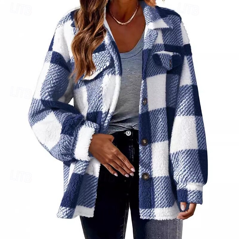 Women's Sherpa Jacket Casual Jacket Warm Comfortable Pocket Buttons Casual Plaid Holiday Going out Single Breasted Regular Turndown Regular Fit Long Sleeve Outerwear Blue Green Dark Gray Fall Winter2