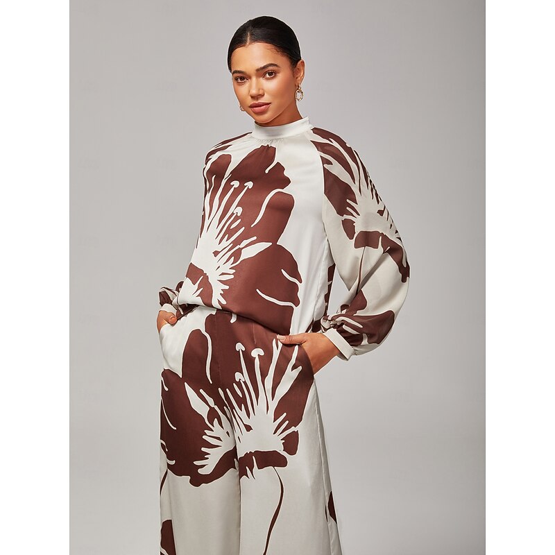 Women's Satin Shirt  Abstract Floral Print  Stand Collar Raglan Puff Sleeves Regular Fit All - Season Wear
