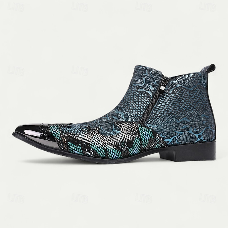 Men's Blue Snakeskin Pointed Toe Ankle Boots – Rock Star Cowhide Zip-Up Boots for Concerts, Festivals and Themed Occasions3
