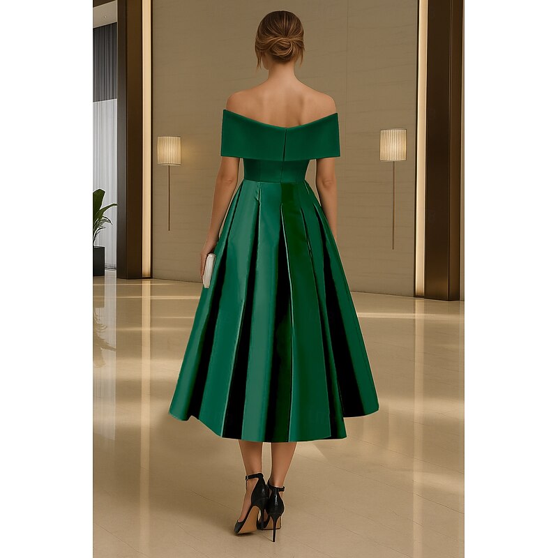Dark Green A-Line Cocktail Dresses Elegant Dress Formal Wedding Tea Length Off Shoulder Stretch Satin with Pleats Ruched 20252