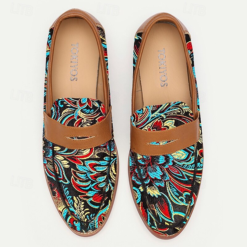 Men's Brown Colorful Jacquard Fabric Loafers – Vintage Slip-On Dress Shoes for Weddings, Banquets and Formal Events4