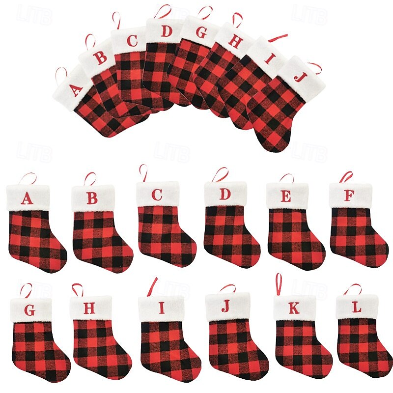 Christmas Stocking Red Black Plaid Alphabet Mini Sock Holiday Gift Bag Hanging Ornament for Christmas Decoration Home Fireplace Festive Party Seasonal Accessory