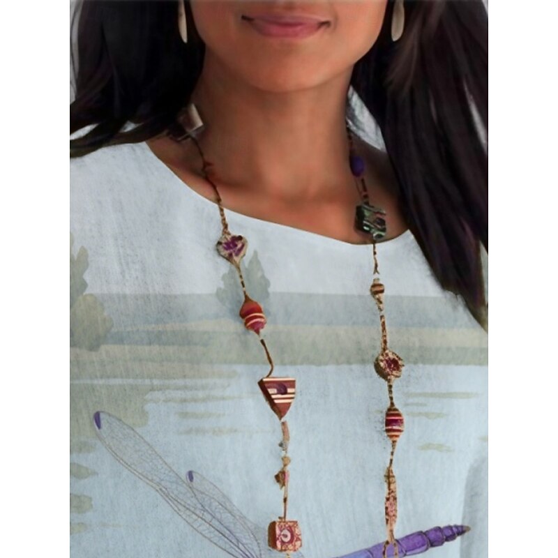 Women's Shirt Floral Dragonfly Daily Casual 3/4 Length Sleeve Crew Neck Regular Tops Daily Holiday Print Green Summer Spring Fall3