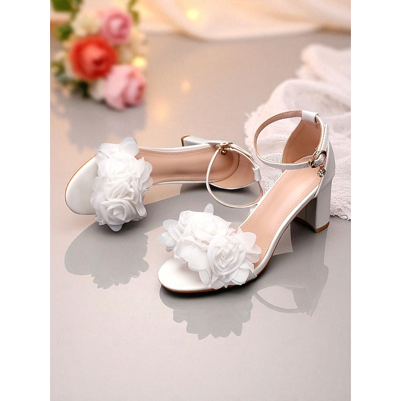 Women's White Flower-Embellished Block Heel Sandals - Comfortable Wedding Shoes with Ankle Strap, Bridal Footwear, Perfect for Weddings and Special Occasions4