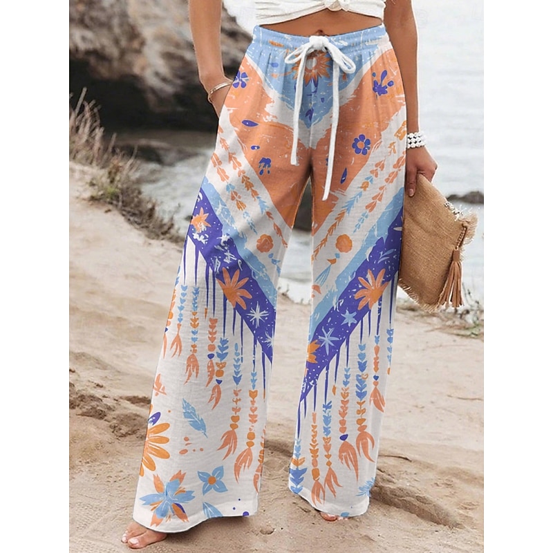 Women's Wide Leg Pants Trousers Vacation Casual Long High Waist Leaf Geometic Elastic Waist Printing High Cut Breathability Soft Micro-elastic Vacation Street Daily Wear Yellow Orange Spring Fall2