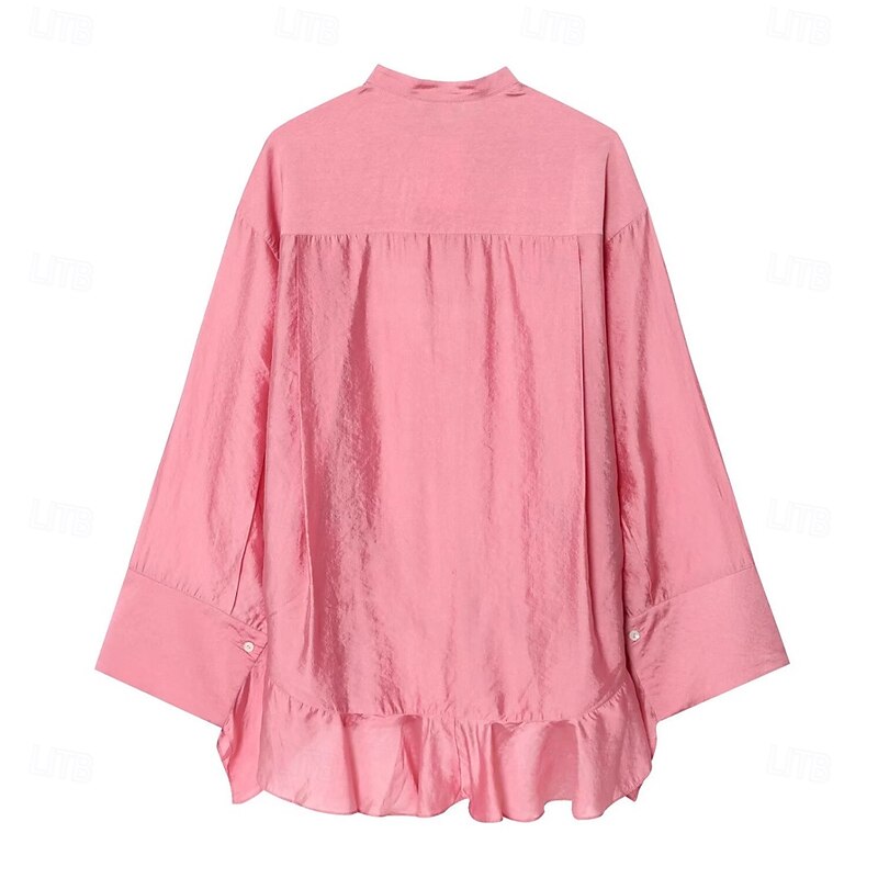 Women's Shirt Solid Color Elegant Vintage Romantic Long Sleeve High Neck Regular Tops Holiday Ruffle Pink Spring Fall2
