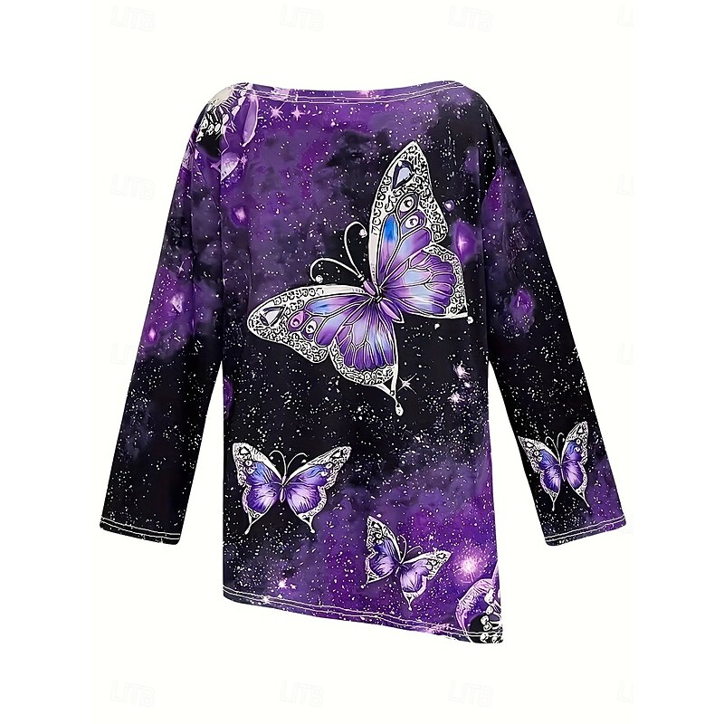 Women's T Shirt Graphic Geometric Butterfly Vintage Stylish Casual Long Sleeve Crew Neck Long Tops Daily Print Asymmetrical Yellow Purple Green Spring Fall4