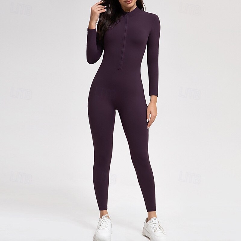 Women's Fleece Workout Jumpsuit One Piece Romper Winter Zip Up Solid Color Bodysuit Black Blue Gym Pilates Yoga Tummy Control Long Sleeve Sport Activewear Tight Fit2