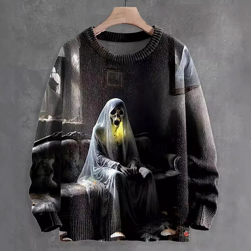 Halloween Men's Ghost Pullover Sweater Jumper Knitwear Crewneck Casual Dark Street Daily 3D Print Knitting Keep Warm Long Sleeve Spring Fall Winter Black Blue Brown