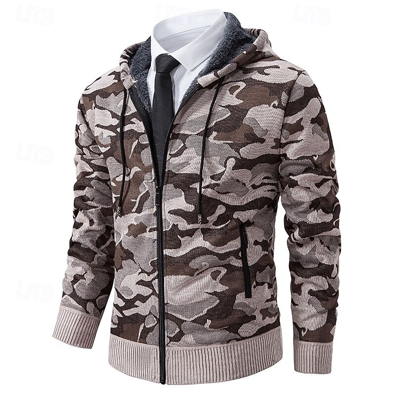 Men's Hoodie Full Zip Hoodie Fleece Hoodie Fleece lined Hoodie Camo Hoodie Army Green Blue Dark Gray Beige Hooded Plain Camouflage Zip Up Sports & Outdoor Casual Daily Streetwear Cool Sportswear