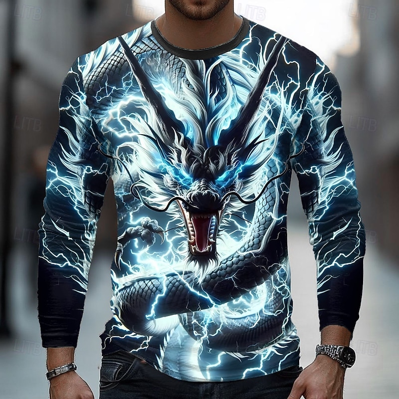 Men's Dragon Lightning 3D T Shirt Long Sleeve T shirt 3D Print Crew Neck Shirt Fashion Basic Street Casual Daily Blue Purple Green Summer Spring Clothing Apparel S M L XL XXL XXXL