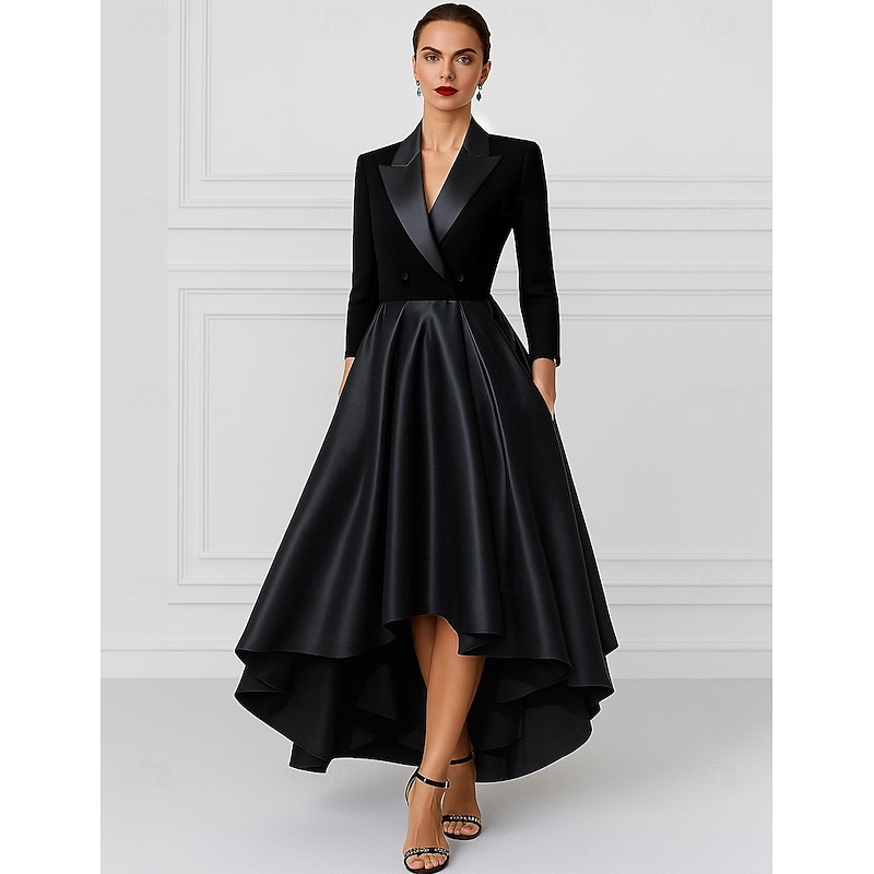 Tuxedo Dress A-Line High-low Dress Formal Satin Elegant Long Sleeve Midi Length Peak Lapel3