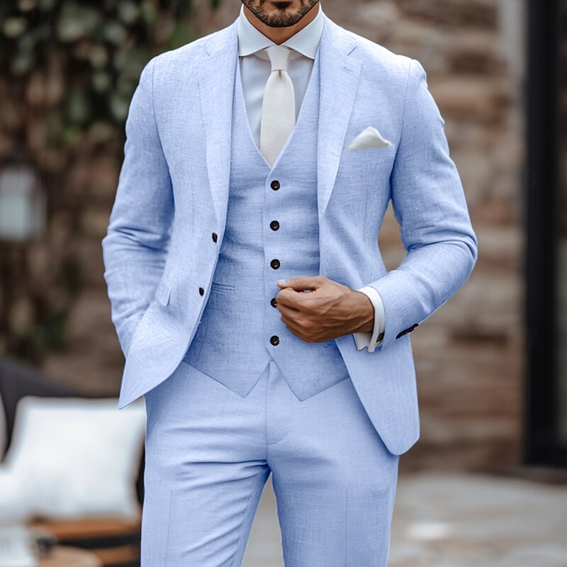 Men's Wedding Party Evening Wear Linen Suits Notch Lapel White Pink Fashion Business Solid Colored Slim Fit 3 Piece Single Breasted Two-buttons