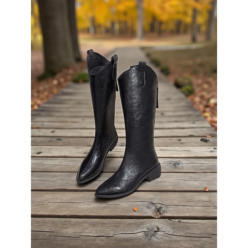 Women's Knee-high Riding Boots with Pull Tabs, Low Heel Comfortable Slip-On Design, Classic Western Inspired Style Fashion Shoes for Urban Casual Wear3