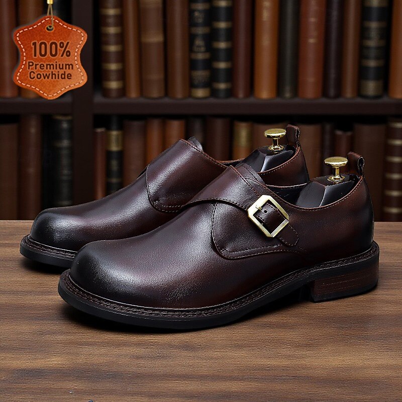 Men's Genuine Leather Monk Strap Dress Shoes- First Layer Cowhide Classic Business Formal Buckle Shoes for Office, Weddings, and Professional Attire