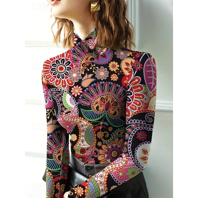 Women's Tunic Floral Elegant Bohemia Vintage Long Sleeve Turtleneck High Neck Regular Tops Going out Black Fuchsia Green Fall Winter2