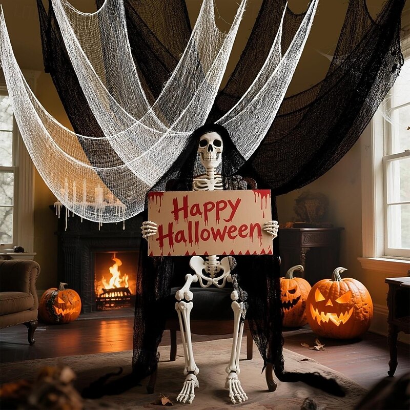 6Pcs Halloween Gauze Cloth, Creepy Cloth, 30×72 Inch Creepy Fabric Halloween for Haunted House Supplies, Party Outdoor, Indoor (4 Black+2 White)4