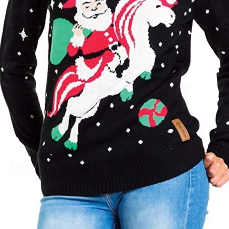 Women's Sweater Pullover Casual Reindeer Santa Claus Ribbed Crew Neck Knitted Print Long Sleeve Regular Tops Knit Christmas Daily Going out Black Winter3