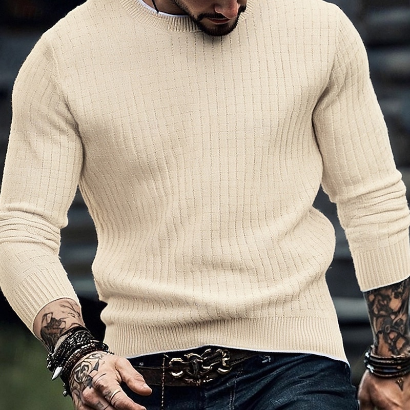 Men's Pullover Sweater Jumper Knit Sweater Ribbed Knit Regular Tops Knitted Plain Crew Neck Fashion Basic Vacation Daily Wear Clothing Apparel Fall Winter Wine Black S M L