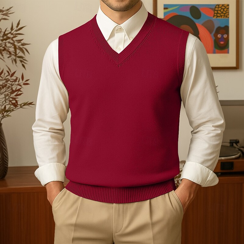 Men's Sweater Sweater Vest Pullover Sweater Jumper Ribbed Knit Regular Tops Knitted Slim Fit Plain V Neck Knitwear Contemporary Casual Daily Wear Clothing Apparel Fall Camel Black S M L3