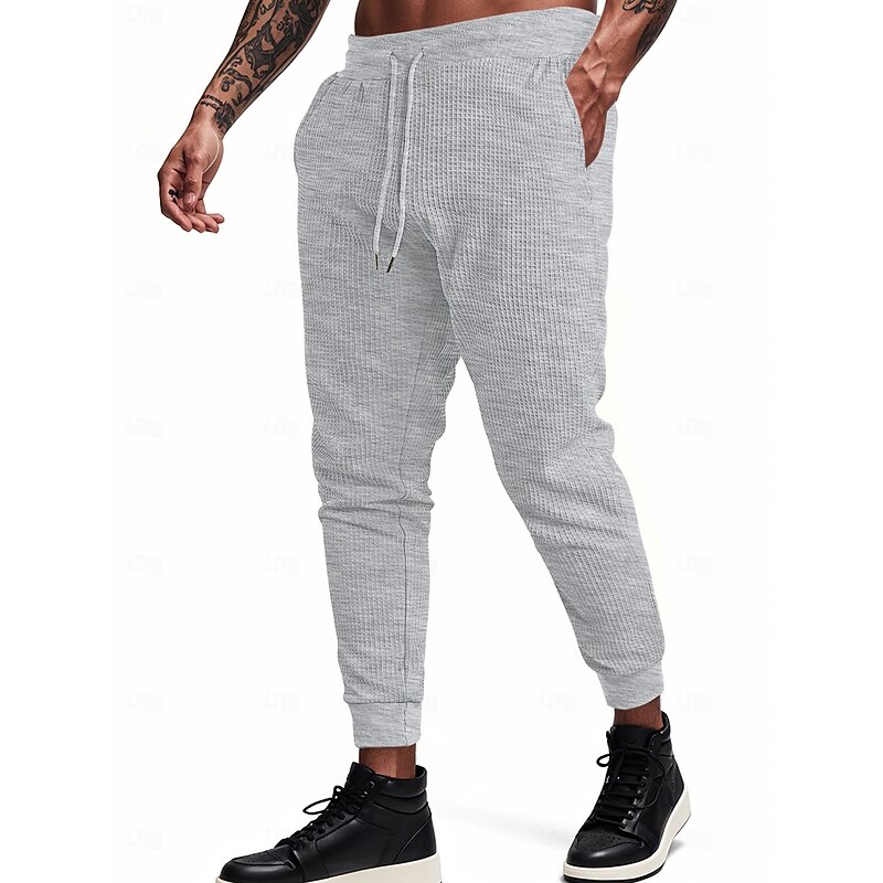 Men's Sweatpants Joggers Athletic Pants Trousers Waffle Pants Drawstring Pocket Elastic Waist Solid Colored Moisture Wicking Breathable Full Length Outdoor Daily Running Fashion Classic Style Black3