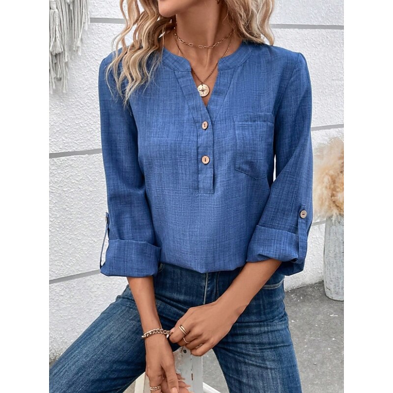 Women's Shirt Solid Color Stylish Casual Long Sleeve V Neck Regular Tops Daily Buttons Red Blue Gray Summer Spring Fall2