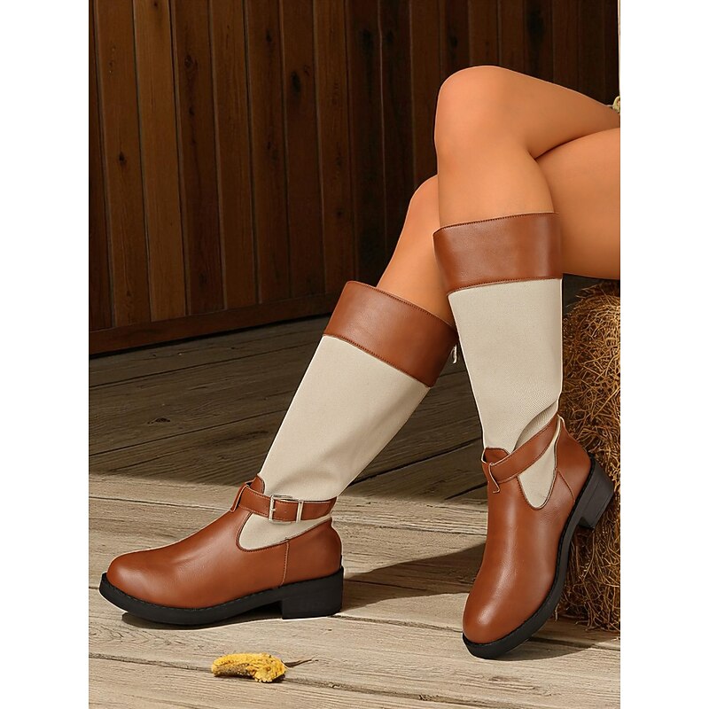 Women's Brown Faux Leather Riding Boots with Buckle and Canvas – Casual Two Tone Knee High Boots for Work, Travel and Outdoor Wear3