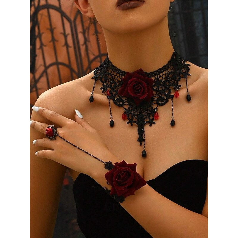 Women's Halloween Gothic Lace Rose Choker Necklace & Bracelet Ring Set — Black Victorian Statement Jewelry with Red Flower, Beaded Teardrops & Adjustable Chains for Cosplay, Costume Parties2