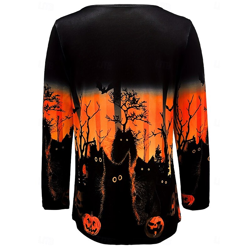 Halloween Women's T shirt Pumpkin Graphic Cat Vintage Stylish Classic Long Sleeve Crew Neck Regular Tops Daily Print Orange Spring Fall Winter2