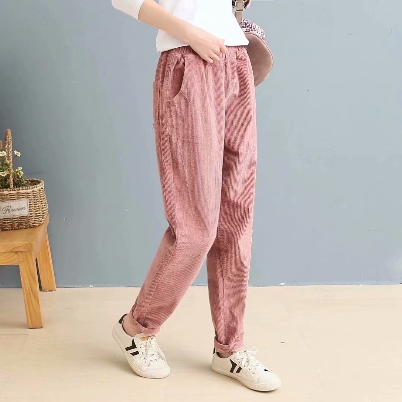 Women's Corduroy Pants Slacks Straight Streetwear Casual Full Length Natural Plain Pocket Elastic Waist Comfy Holiday Weekend Apricot Grey Black Pink Fall Regular Fit3