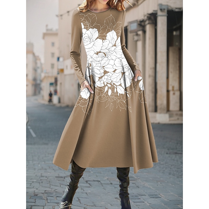 Women's Midi Dress A Line Dress Fit And Flare Dress Vacation Casual Daily Regular Fit Floral Graphic Long Sleeve Crew Neck Yellow Blue Purple Green Spring Fall Winter2
