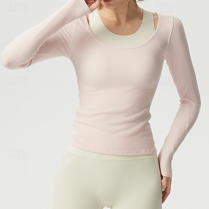 Women's Workout Shirt Crew Neck Breathable Long Sleeve Sports Solid Color Top For Gym Athletic Sports Slim Activewear3