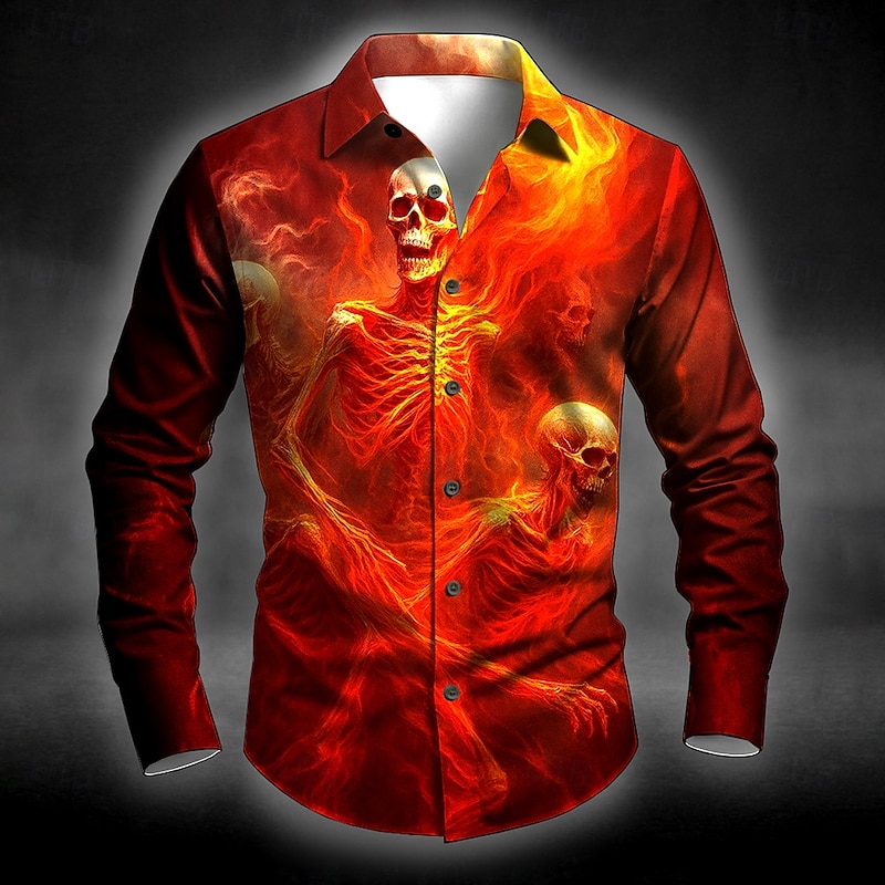 Halloween Men's Skull Flame Halloween Costumes Shirt Button Up Shirt Long Sleeve Dark Punk Gothic Style Outdoor Holiday Summer Spring Turndown 3D Print Collared Shirts Red Blue Dark Green2