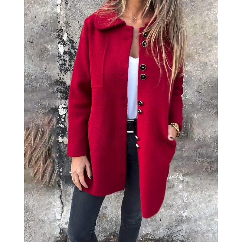 Women's Winter Coat Casual Jacket Warm Comfortable Pocket Casual Plain Outdoor Going out Single Breasted Regular Turndown Regular Fit Long Sleeve Outerwear Black Red Brown Winter3